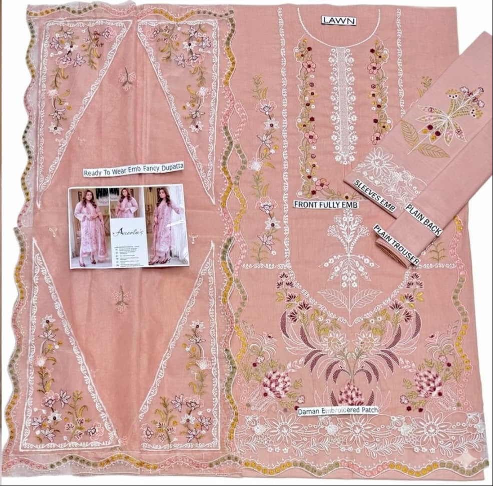 Aneela's Blush Pink Embroidered Lawn 3-Piece Suit – Floral Embroidery & Scalloped Lace Dupatta | Stitched or Unstitched