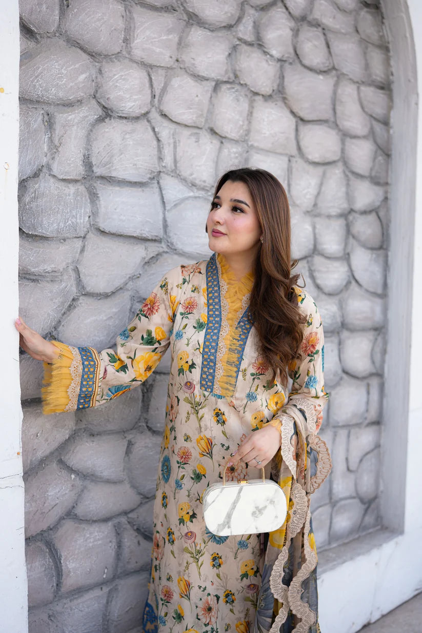 Aneela’s Embroidered Lawn Summer Suit – Lawn Shirt + Digital Dupatta + Trouser | Stitched or Unstitched