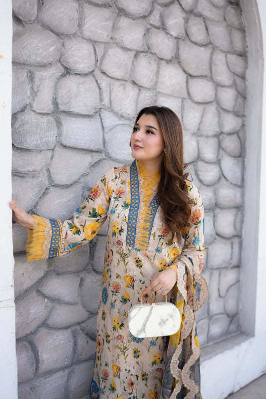 Aneela’s Embroidered Lawn Summer Suit – Lawn Shirt + Digital Dupatta + Trouser | Stitched or Unstitched