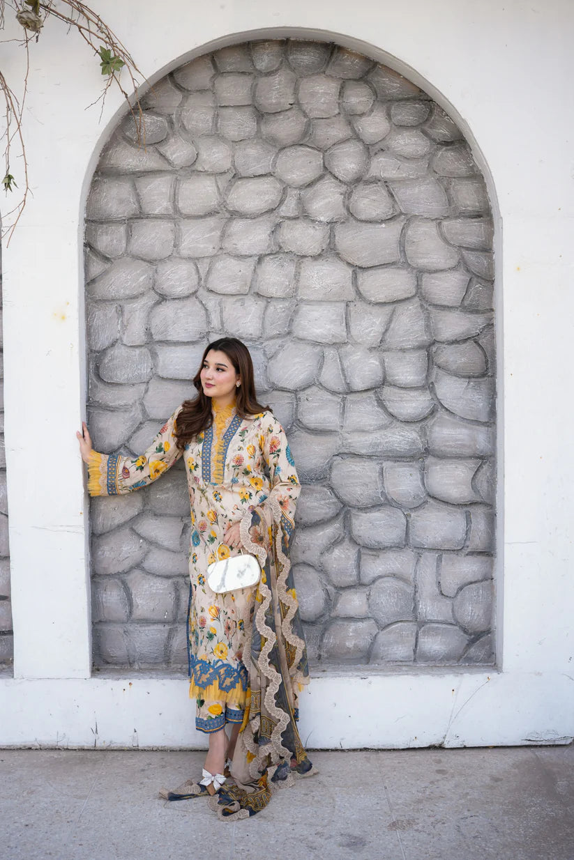 Aneela’s Embroidered Lawn Summer Suit – Lawn Shirt + Digital Dupatta + Trouser | Stitched or Unstitched