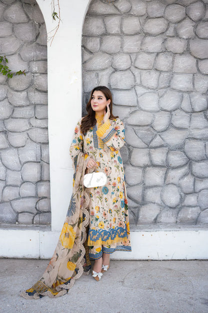Aneela’s Embroidered Lawn Summer Suit – Lawn Shirt + Digital Dupatta + Trouser | Stitched or Unstitched