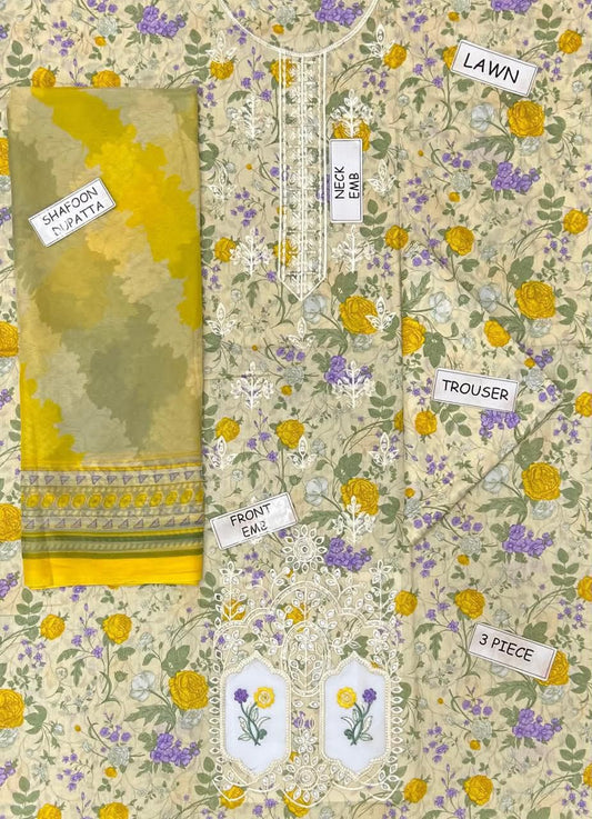 Aneela’s Chikankari Lawn Casual Suit – Embroidered Shirt + Dupatta + Trouser | Stitched or Unstitched