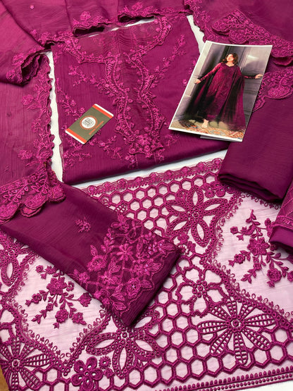 Azure Chiffon Luxury Party Suit – Embroidered Shirt + Chiffon Dupatta + Trouser | Stitched or Unstitched