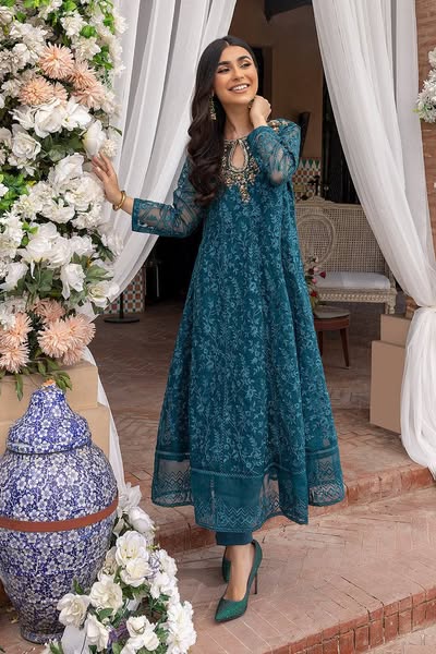 Azure Luxury Organza Frock Wedding Suit – Adda Work Shirt + Embroidered Dupatta + Trouser | Stitched or Unstitched