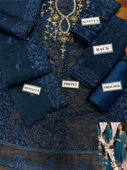 Azure Luxury Organza Frock Wedding Suit – Adda Work Shirt + Embroidered Dupatta + Trouser | Stitched or Unstitched