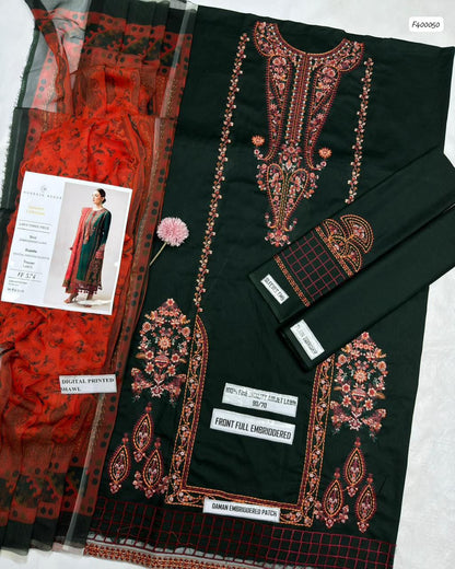 Hussain Rehar Airjet Lawn Casual Suit – Embroidered Shirt + Printed Dupatta + Trouser | Stitched or Unstitched