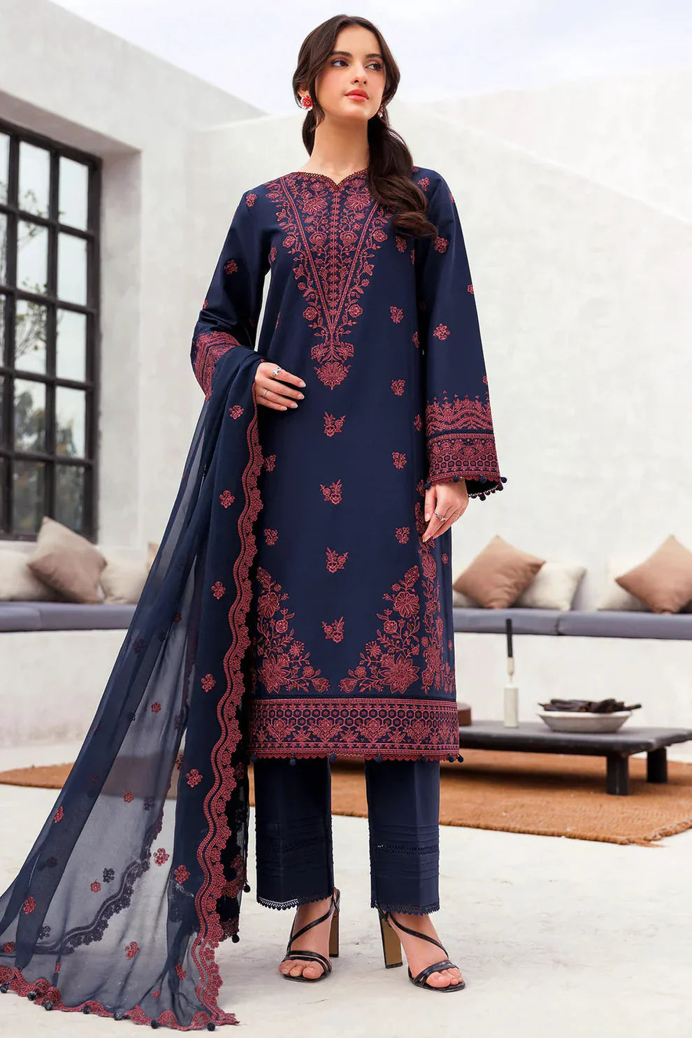 Pure Airjet Lawn Embroidered Summer Suit – Heavy Embroidered Shirt + Chiffon Dupatta + Trouser | Stitched or Unstitched