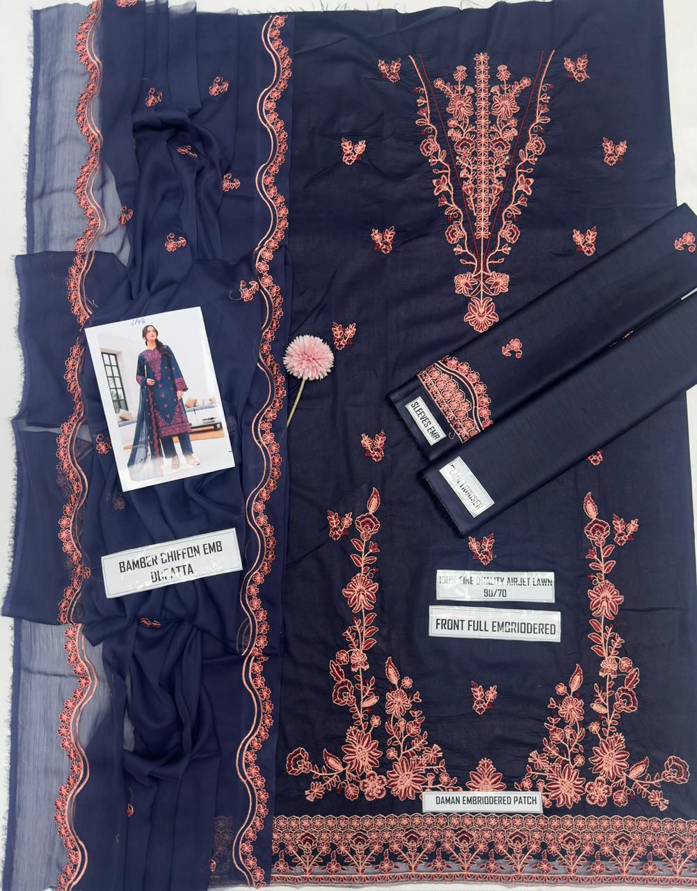 Pure Airjet Lawn Embroidered Summer Suit – Heavy Embroidered Shirt + Chiffon Dupatta + Trouser | Stitched or Unstitched