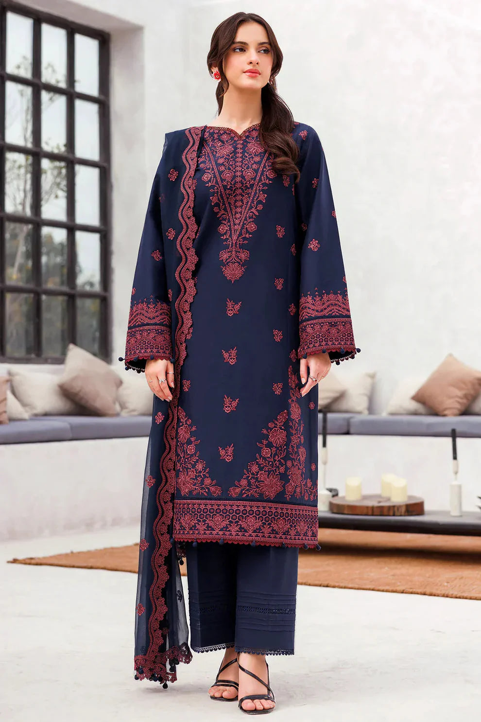 Pure Airjet Lawn Embroidered Summer Suit – Heavy Embroidered Shirt + Chiffon Dupatta + Trouser | Stitched or Unstitched