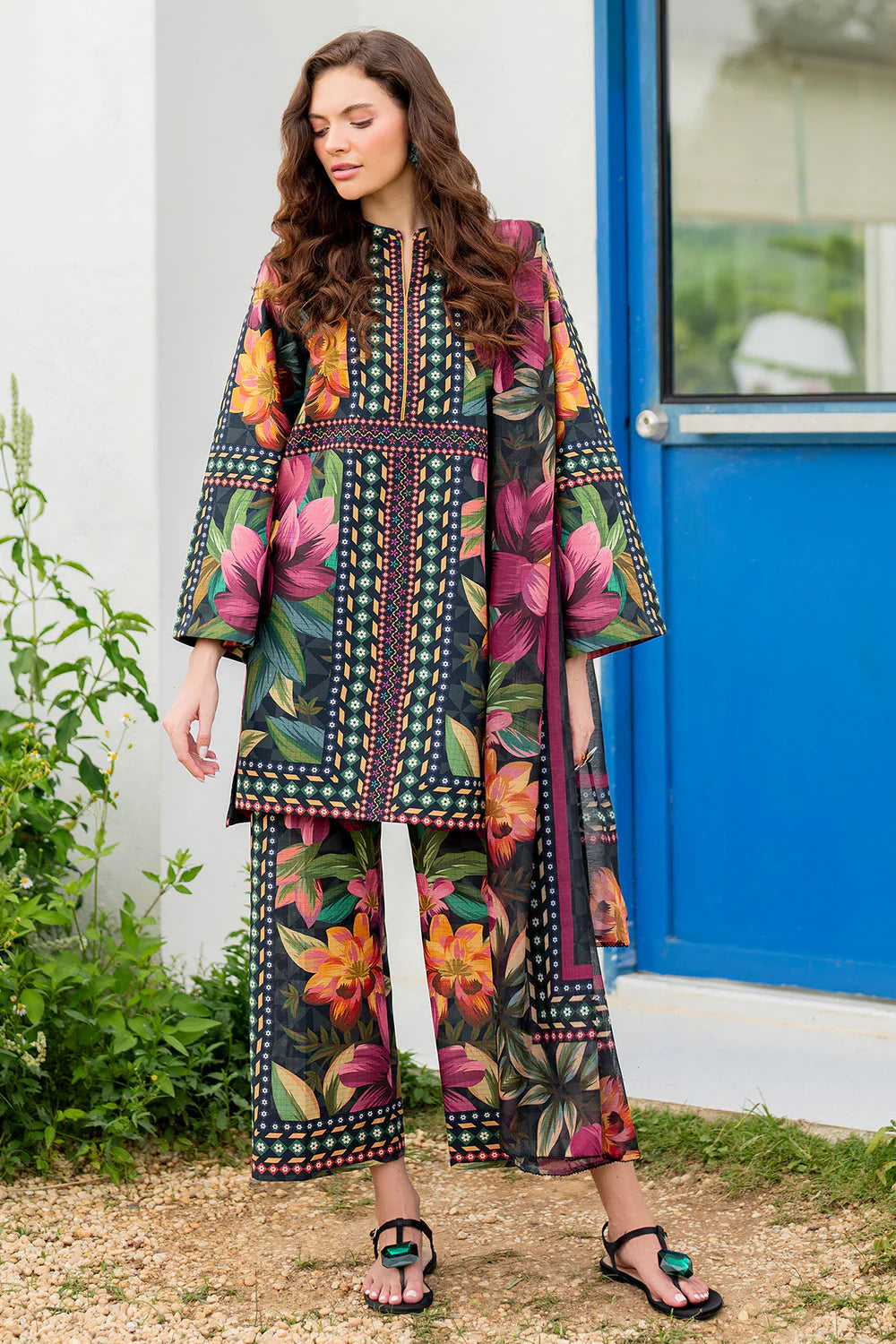 Jazmin Swiss Lawn Casual Suit – Digital Printed Shirt + Digital Dupatta + Trouser | Stitched or Unstitched