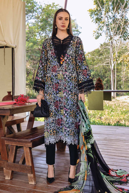 Maria B Embroidered Lawn Summer Suit – Embroidered Shirt + Printed Dupatta + Trouser | Stitched or Unstitched