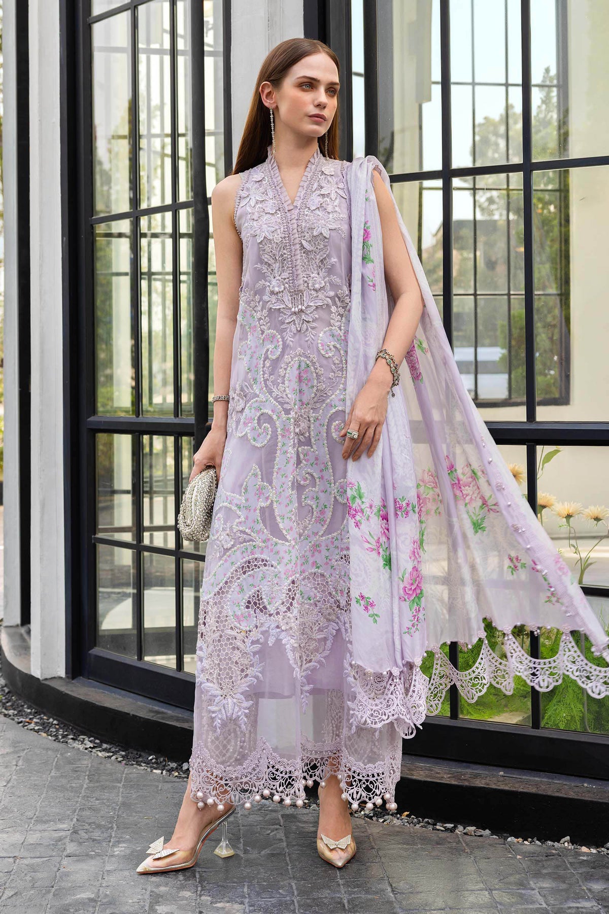 Maria B Luxury Lawn Festive Suit – Embroidered Shirt + Silk Dupatta + Trouser | Stitched or Unstitched