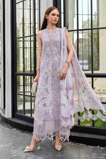 Maria B Luxury Lawn Festive Suit – Embroidered Shirt + Silk Dupatta + Trouser | Stitched or Unstitched