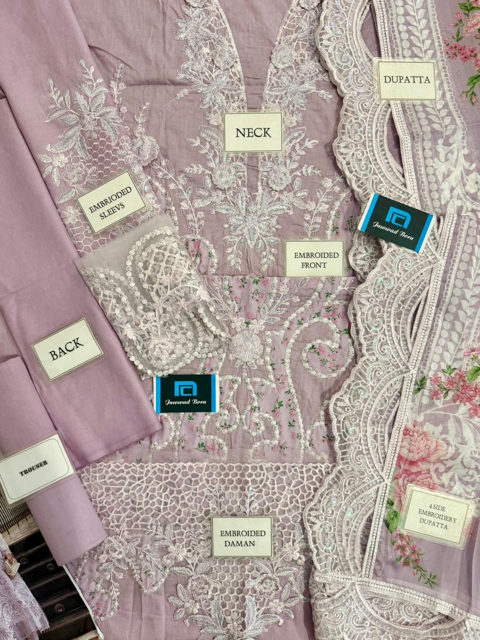 Maria B Luxury Lawn Festive Suit – Embroidered Shirt + Silk Dupatta + Trouser | Stitched or Unstitched