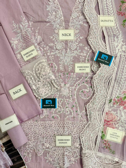 Maria B Luxury Lawn Festive Suit – Embroidered Shirt + Silk Dupatta + Trouser | Stitched or Unstitched