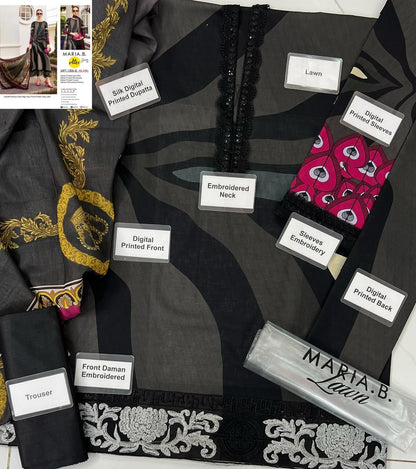 Maria B Digital Printed Lawn Summer Suit – Lawn Shirt + Silk Dupatta + Trouser | Stitched or Unstitched