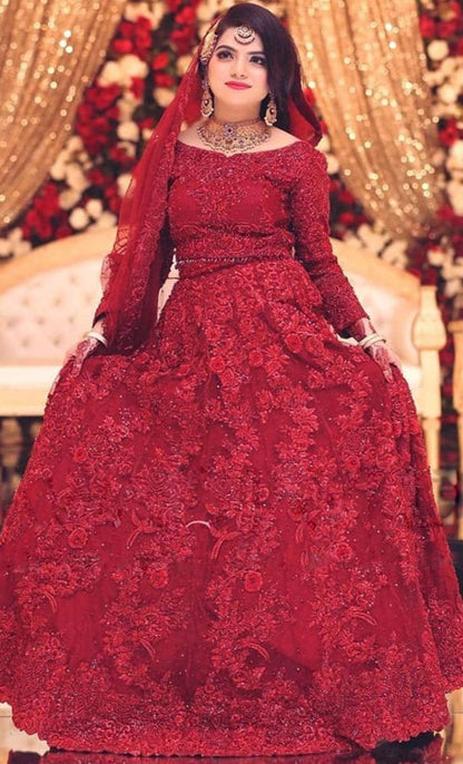 Mariam & Maria Luxury Net Wedding Suit – Handwork Shirt + Embroidered Dupatta + Trouser | Stitched or Unstitched