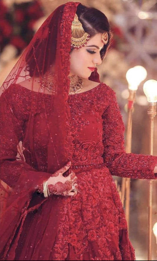 Mariam & Maria Luxury Net Wedding Suit – Handwork Shirt + Embroidered Dupatta + Trouser | Stitched or Unstitched