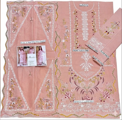 Aneela's Blush Pink Embroidered Lawn 3-Piece Suit – Floral Embroidery & Scalloped Lace Dupatta | Stitched or Unstitched