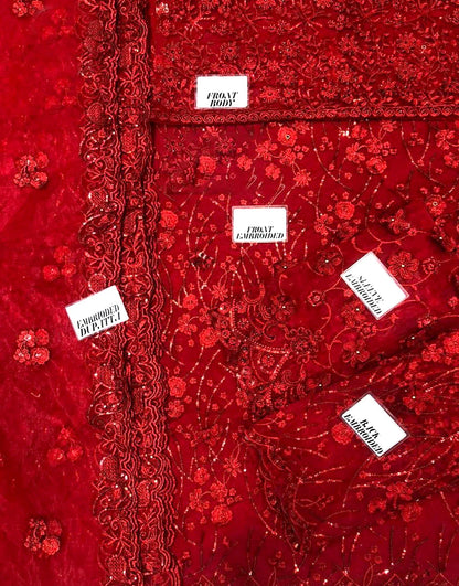 Mariam & Maria Luxury Net Wedding Suit – Handwork Shirt + Embroidered Dupatta + Trouser | Stitched or Unstitched