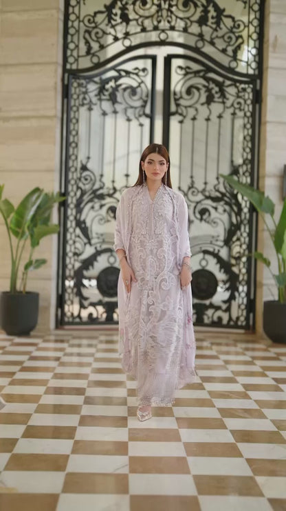 Maria B Luxury Lawn Festive Suit – Embroidered Shirt + Silk Dupatta + Trouser | Stitched or Unstitched