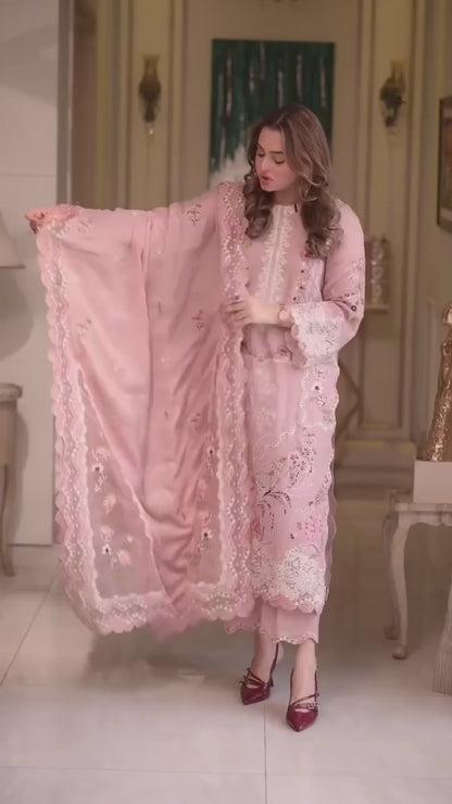 Aneela's Blush Pink Embroidered Lawn 3-Piece Suit – Floral Embroidery & Scalloped Lace Dupatta | Stitched or Unstitched