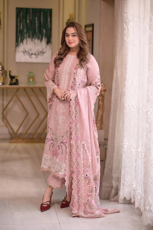 Aneela's Blush Pink Embroidered Lawn 3-Piece Suit – Floral Embroidery & Scalloped Lace Dupatta | Stitched or Unstitched