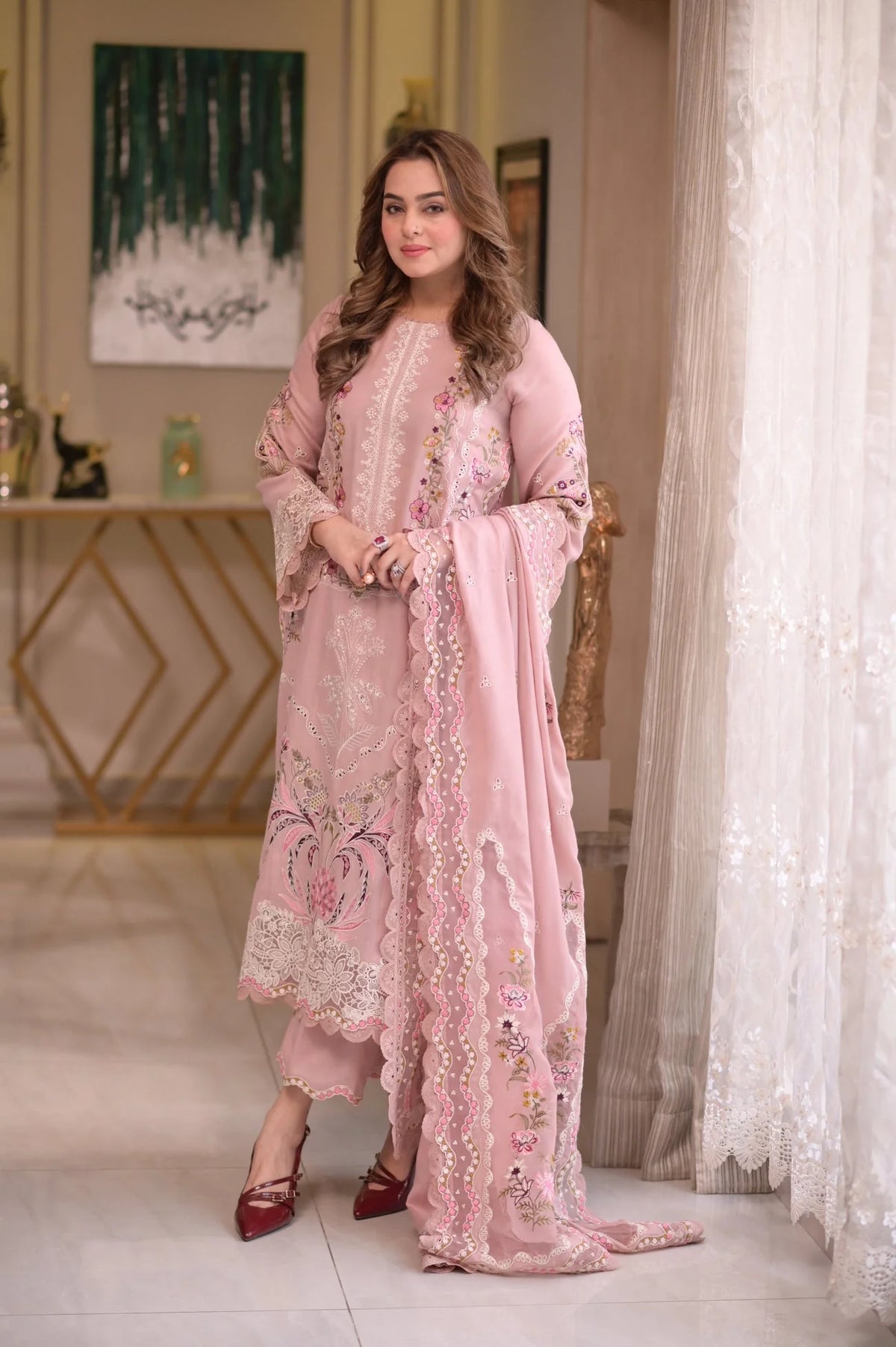 Aneela's Blush Pink Embroidered Lawn 3-Piece Suit – Floral Embroidery & Scalloped Lace Dupatta | Stitched or Unstitched