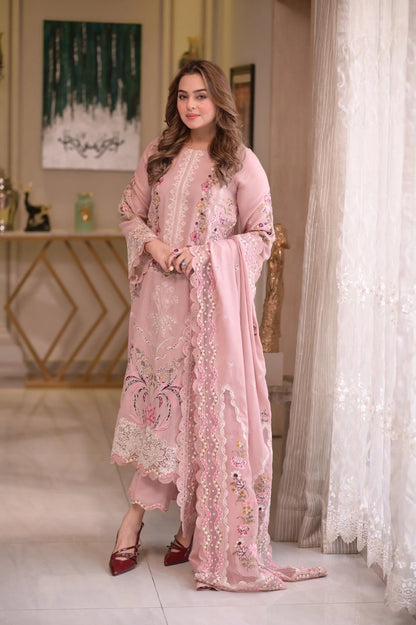 Aneela's Blush Pink Embroidered Lawn 3-Piece Suit – Floral Embroidery & Scalloped Lace Dupatta | Stitched or Unstitched