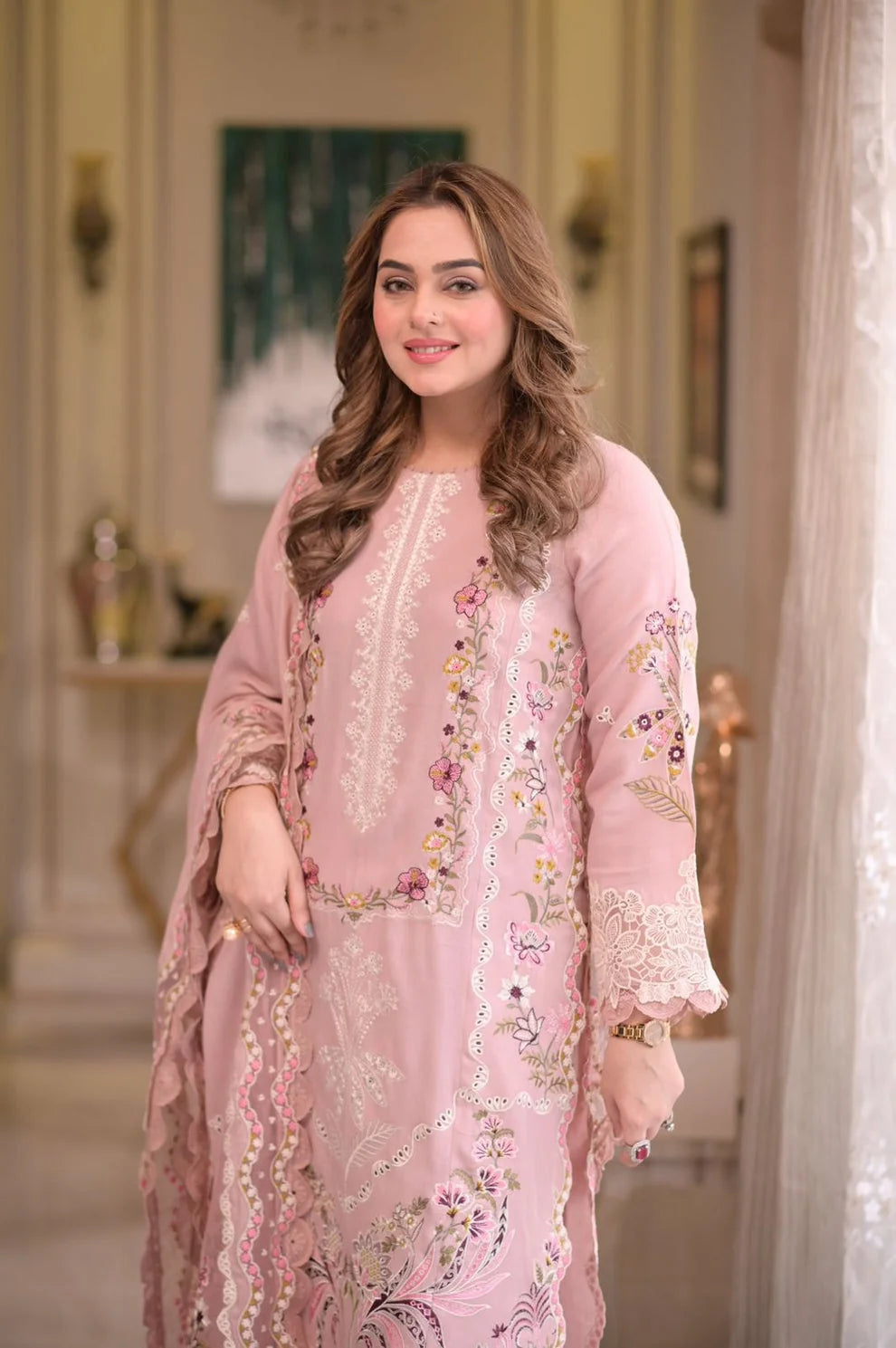 Aneela's Blush Pink Embroidered Lawn 3-Piece Suit – Floral Embroidery & Scalloped Lace Dupatta | Stitched or Unstitched