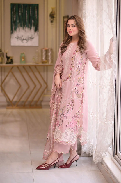 Aneela's Blush Pink Embroidered Lawn 3-Piece Suit – Floral Embroidery & Scalloped Lace Dupatta | Stitched or Unstitched
