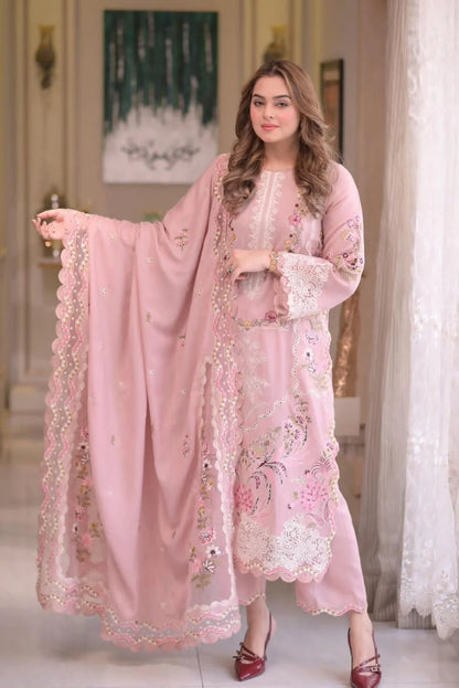 Aneela's Blush Pink Embroidered Lawn 3-Piece Suit – Floral Embroidery & Scalloped Lace Dupatta | Stitched or Unstitched