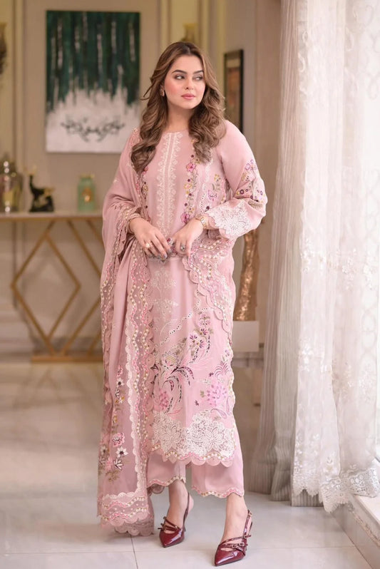 Aneela's Blush Pink Embroidered Lawn 3-Piece Suit – Floral Embroidery & Scalloped Lace Dupatta | Stitched or Unstitched